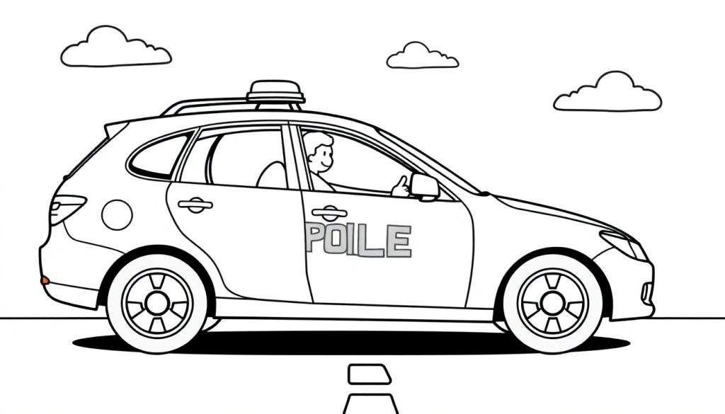 A black and white outline drawing of a police car for kids, ready for a color panel adventure. The word POILE is on the side, with clouds and a road. This color panel is perfect for young artists.