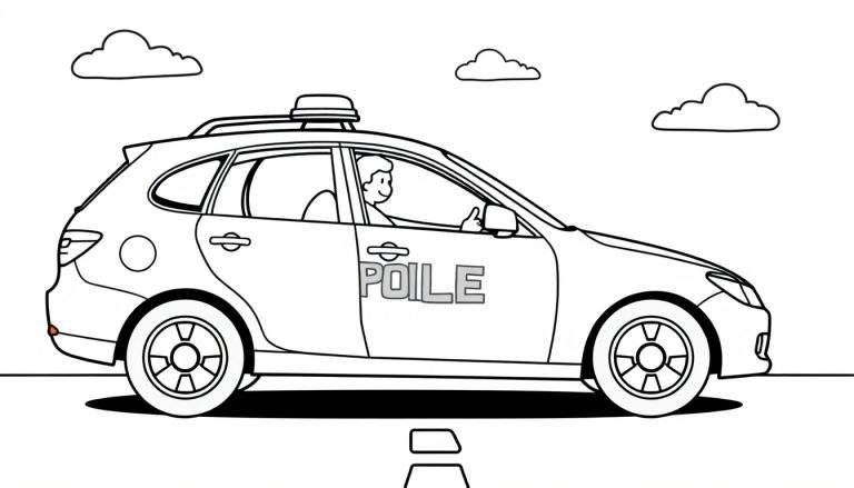 A black and white outline drawing of a police car for kids, ready for a color panel adventure. The word POILE is on the side, with clouds and a road. This color panel is perfect for young artists.