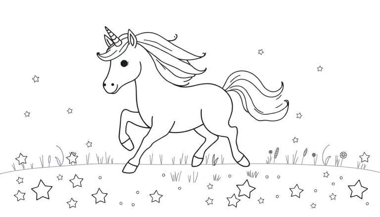 A majestic unicorn prancing through a field of stars and crescent moons, ready for coloring! Black and white outline color panel.