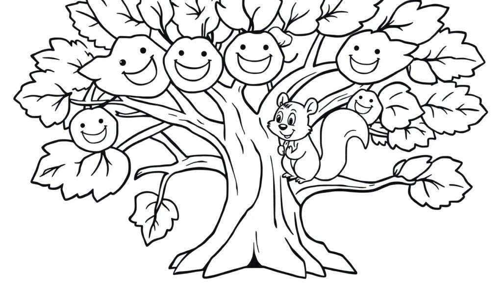A friendly cartoon tree with smiling fruit and a happy squirrel, ready for a color panel.