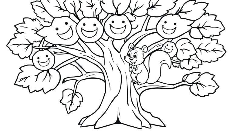 A friendly cartoon tree with smiling fruit and a happy squirrel, ready for a color panel.