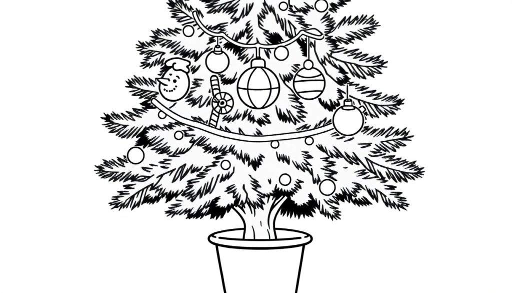 A festive Christmas tree in a pot, ready for coloring, featuring playful ornaments and lights. This color panel is perfect for holiday fun.