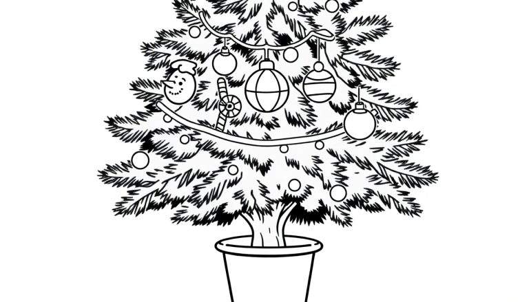 A festive Christmas tree in a pot, ready for coloring, featuring playful ornaments and lights. This color panel is perfect for holiday fun.