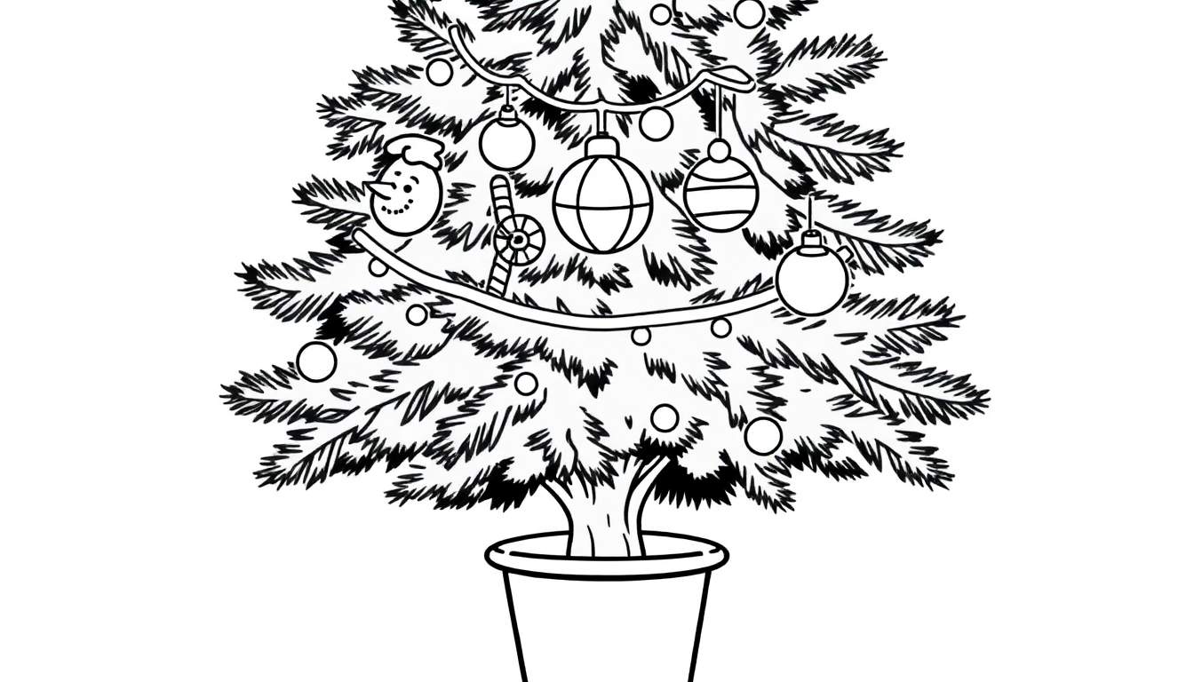 A festive Christmas tree in a pot, ready for coloring, featuring playful ornaments and lights. This color panel is perfect for holiday fun.