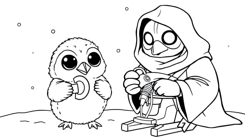 A Porg and a Jawa building a snow-speeder, a black and white coloring panel.