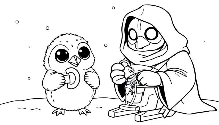 A Porg and a Jawa building a snow-speeder, a black and white coloring panel.