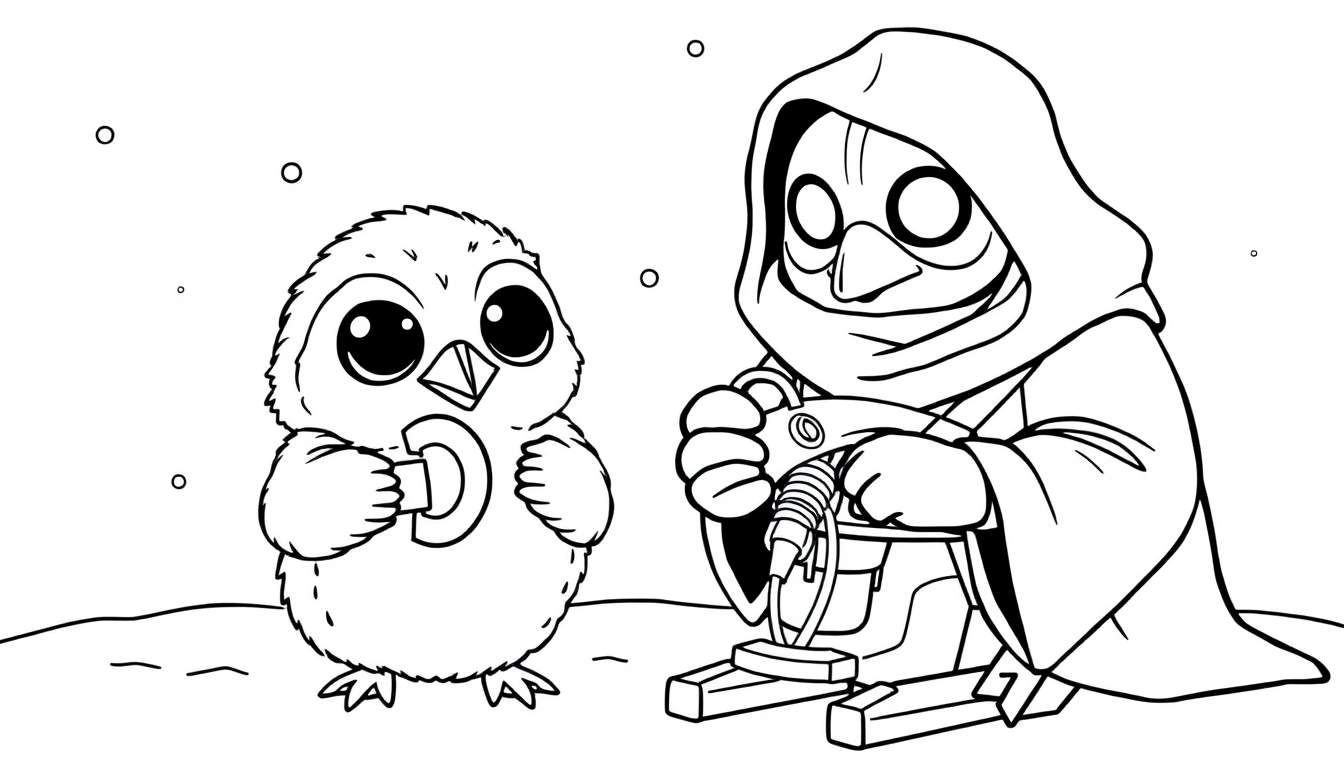 A Porg and a Jawa building a snow-speeder, a black and white coloring panel.