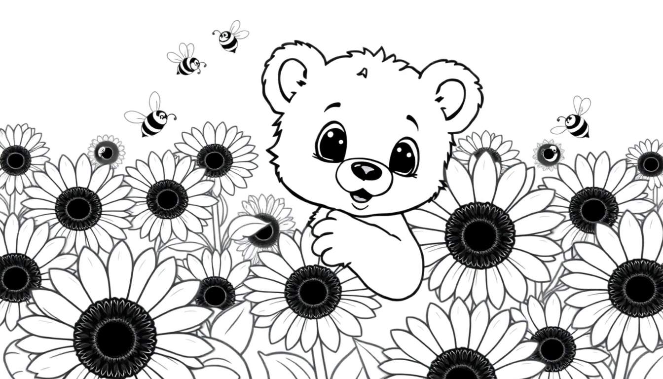 Cute bear peeking from sunflowers, color panel with bees.