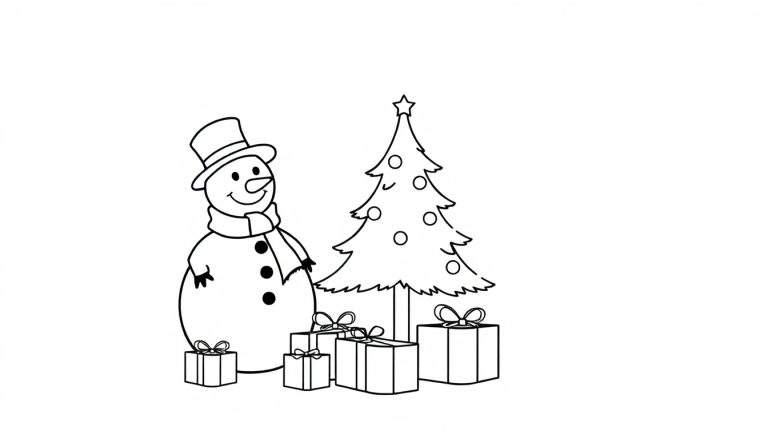 A cute snowman, Christmas tree, and presents in a black and white color panel for kids to color.