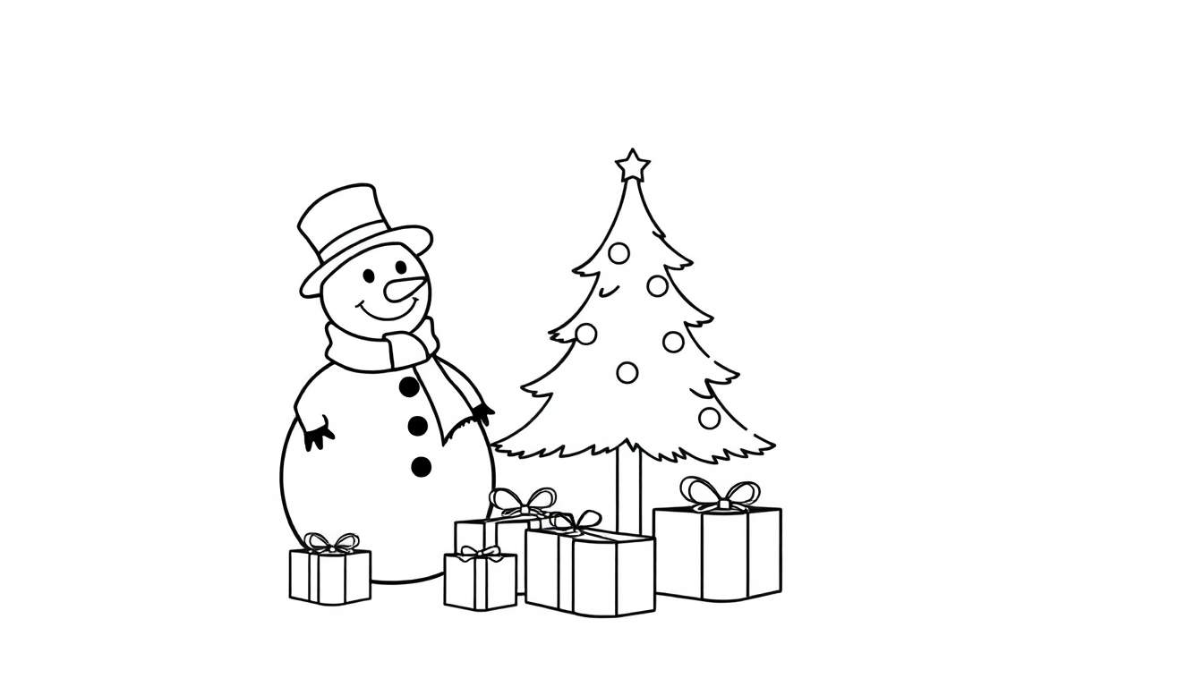 A cute snowman, Christmas tree, and presents in a black and white color panel for kids to color.