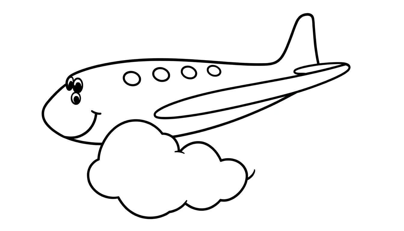 A happy black and white cartoon airplane with a smiling face, large eyes, and one wing, flying near a fluffy cloud. A fun color panel for kids.