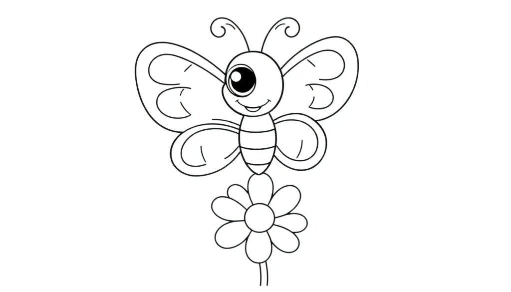A cute butterfly with big, happy eyes and swirly wings, ready for coloring. Black and white outline, no color. Part of a color panel.
