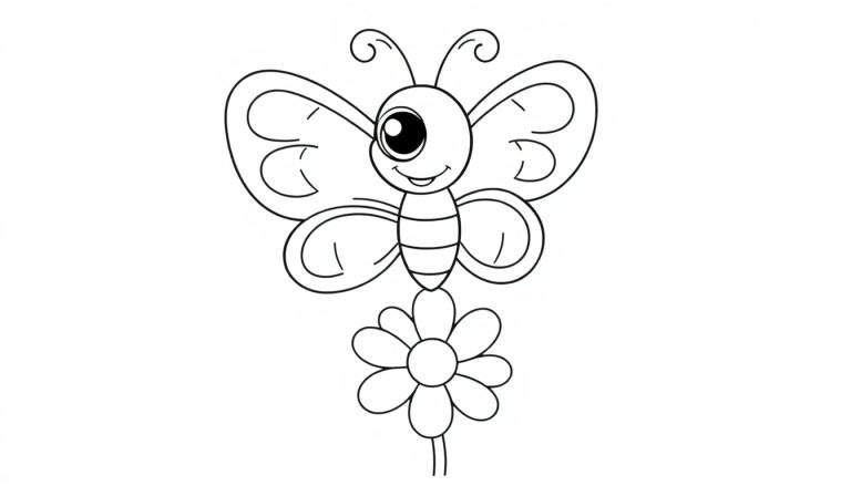 A cute butterfly with big, happy eyes and swirly wings, ready for coloring. Black and white outline, no color. Part of a color panel.
