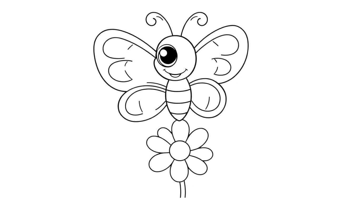 A cute butterfly with big, happy eyes and swirly wings, ready for coloring. Black and white outline, no color. Part of a color panel.