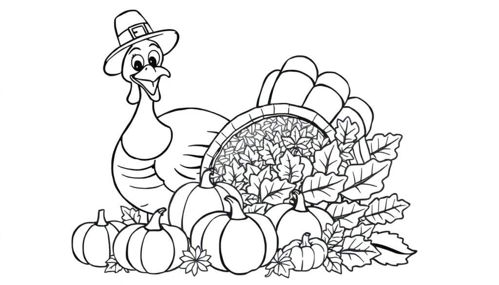 A happy turkey in a Pilgrim hat stands next to a cornucopia filled with pumpkins and leaves, perfect for a coloring panel.