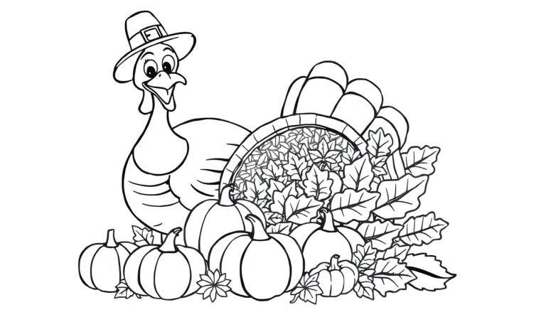 A happy turkey in a Pilgrim hat stands next to a cornucopia filled with pumpkins and leaves, perfect for a coloring panel.
