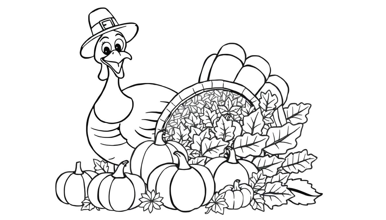 A happy turkey in a Pilgrim hat stands next to a cornucopia filled with pumpkins and leaves, perfect for a coloring panel.