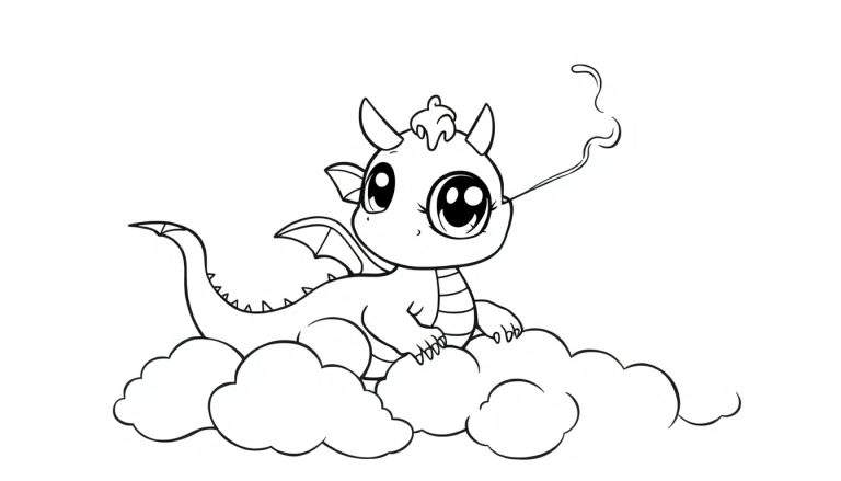 A cute baby dragon on a cloud, ready for a color panel.