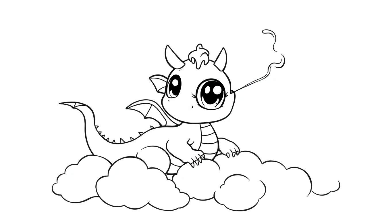 A cute baby dragon on a cloud, ready for a color panel.
