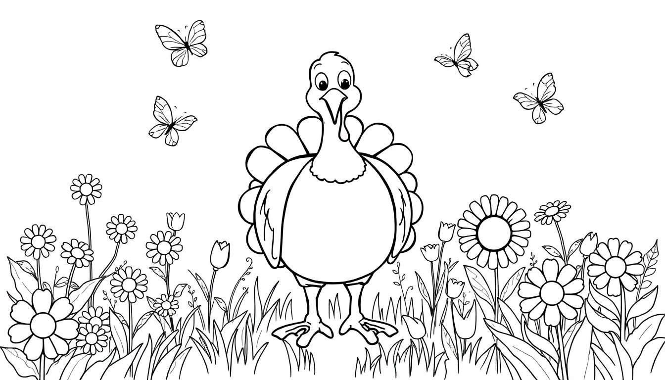 A friendly turkey ready for coloring in a field of flowers and butterflies, a delightful color panel.