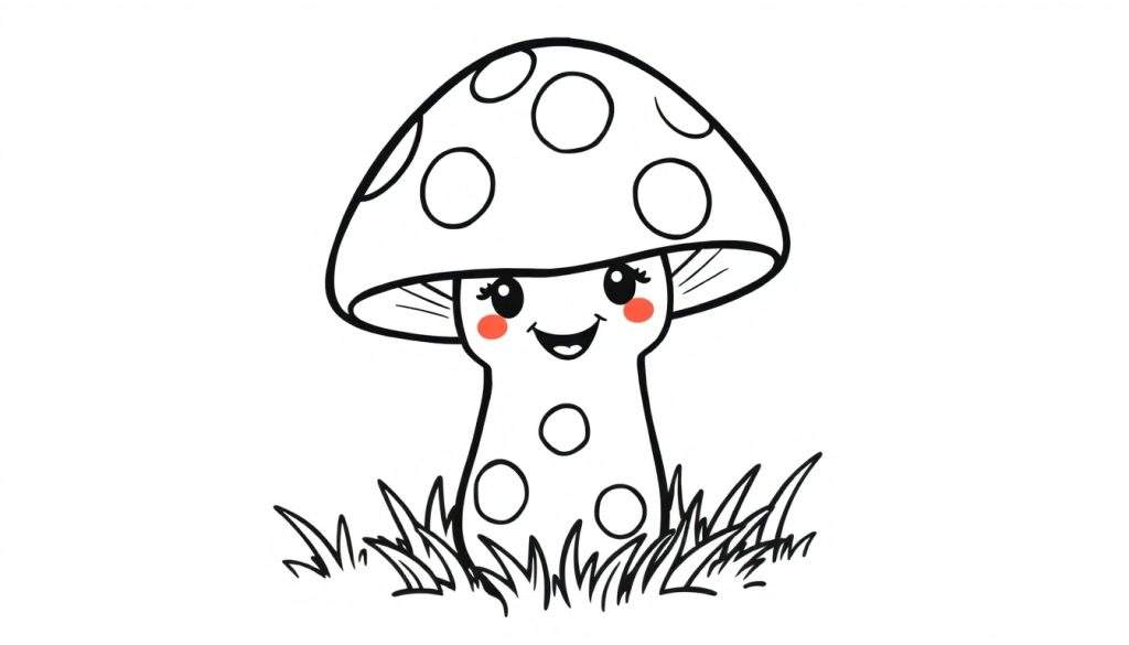 A friendly mushroom with polka dots, ready for coloring in this color panel.