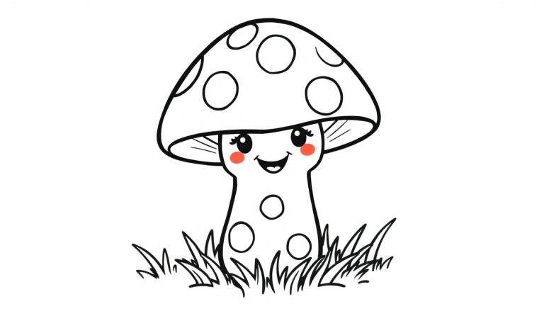 A friendly mushroom with polka dots, ready for coloring in this color panel.