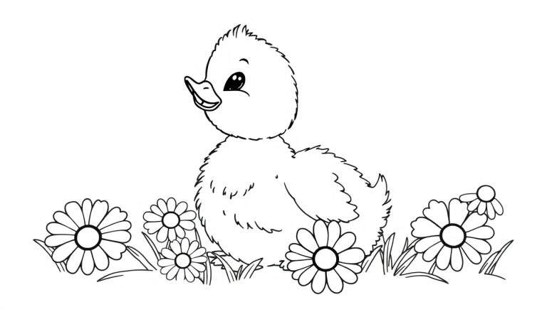 A cute baby duckling in a daisy field for the color panel.