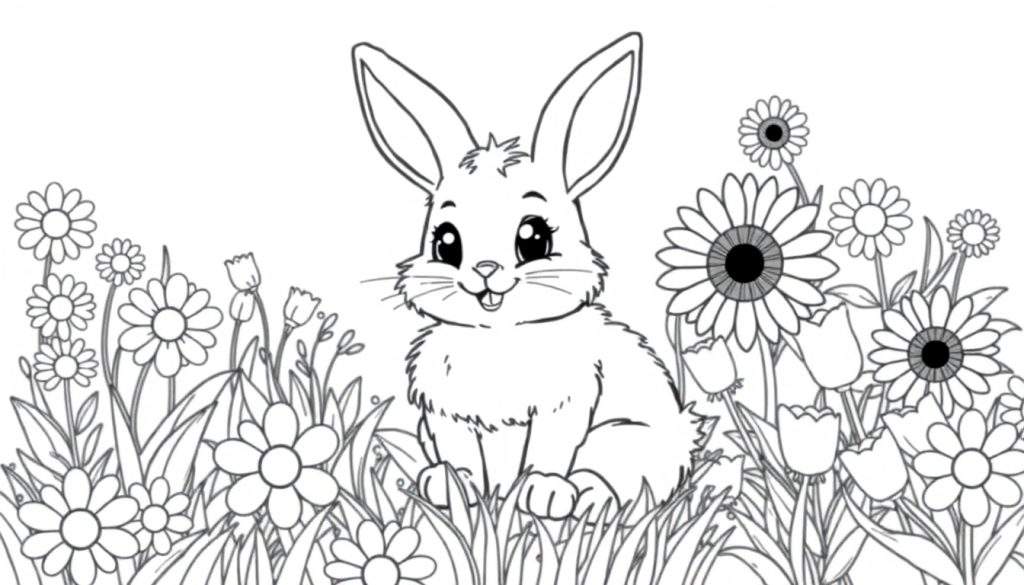 A cute bunny coloring panel in a field of flowers.