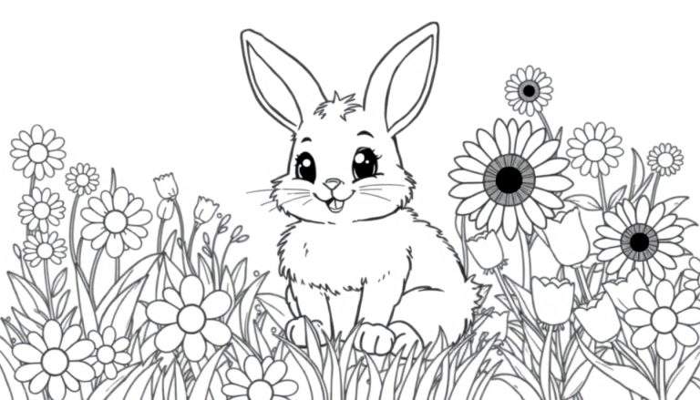 A cute bunny coloring panel in a field of flowers.