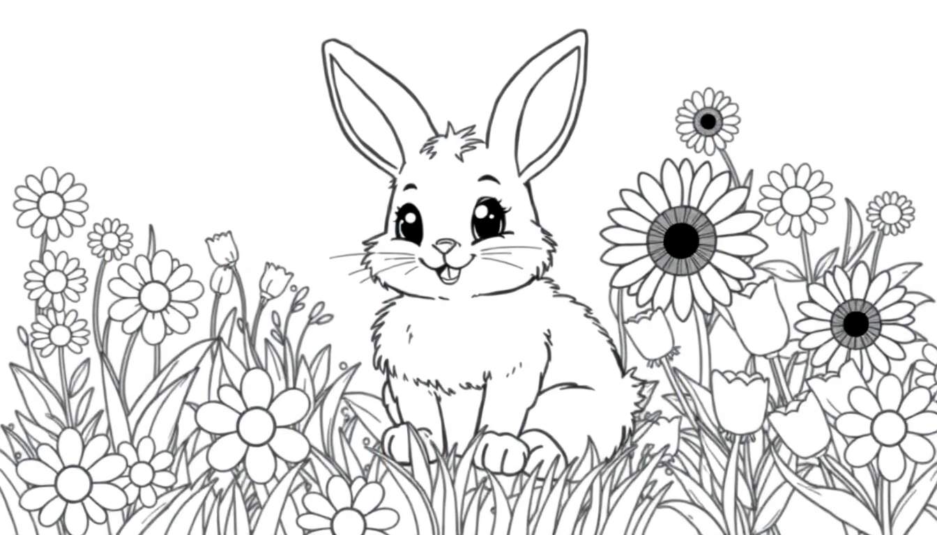 A cute bunny coloring panel in a field of flowers.