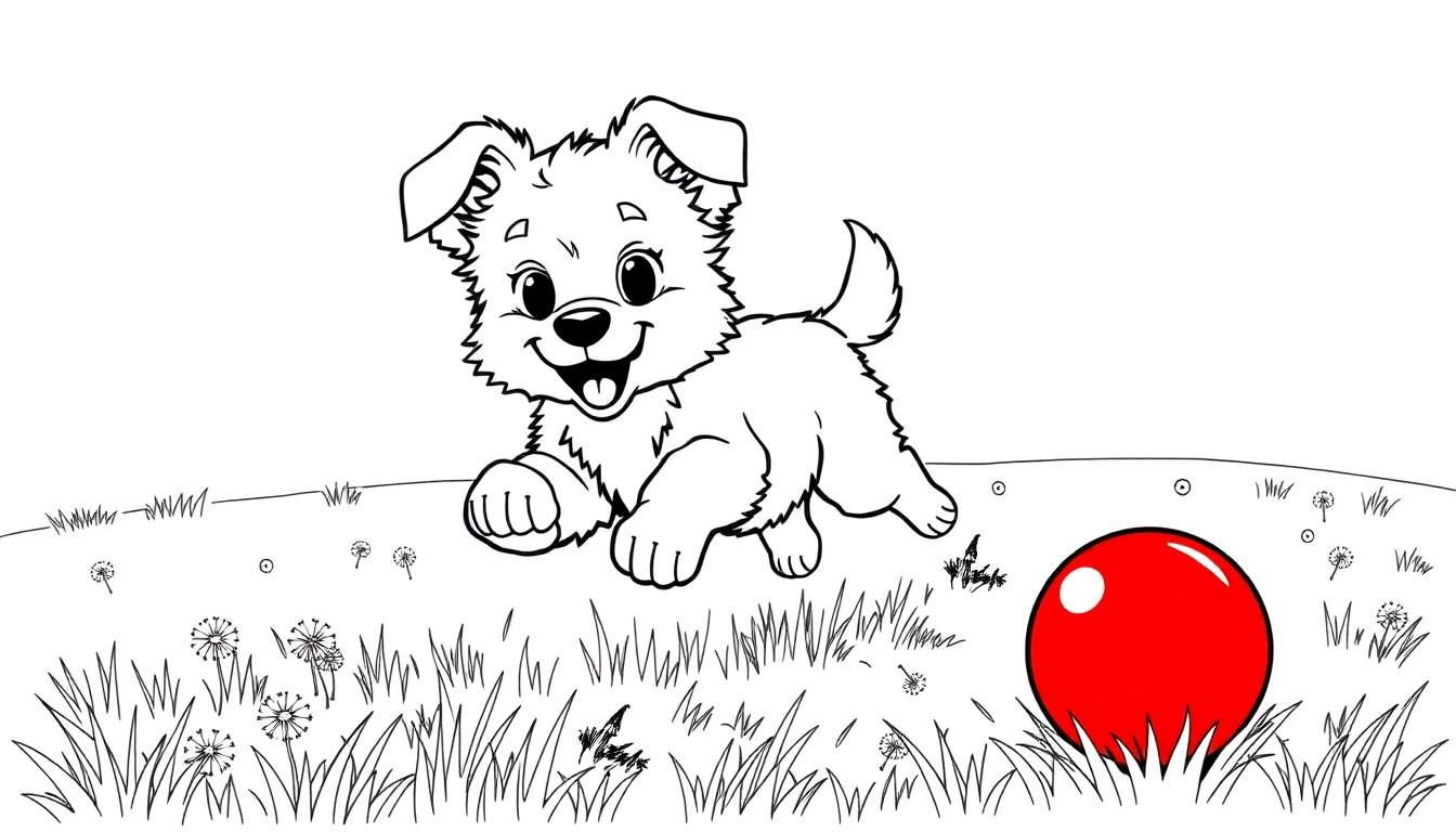 A cute cartoon puppy running for a red ball in a grassy field, a coloring panel.