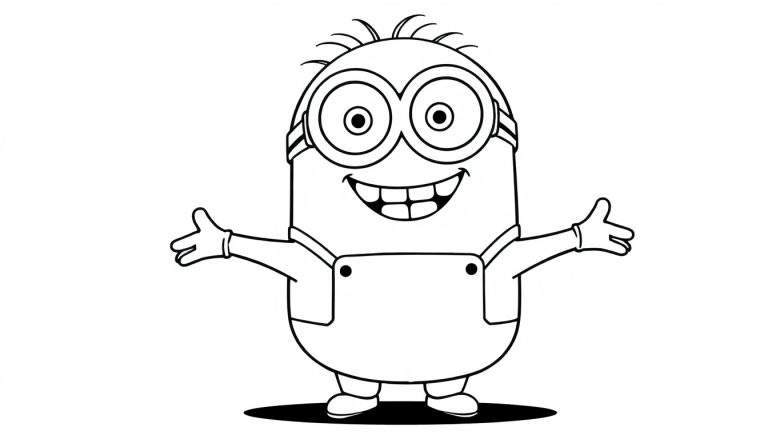 A cute Minion outline ready for coloring, offering a hug. This color panel is waiting for your artistic touch!