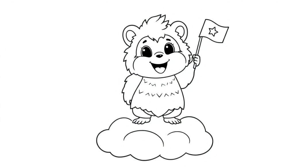 A fluffy creature on a cloud holding a star flag, a black and white color panel.