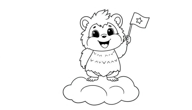 A fluffy creature on a cloud holding a star flag, a black and white color panel.