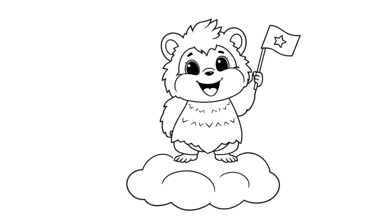 A fluffy creature on a cloud holding a star flag, a black and white color panel.