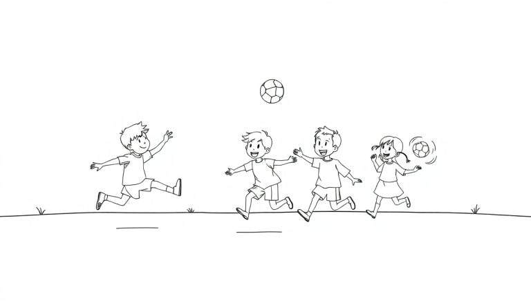 A black and white color panel showing happy children playing soccer.
