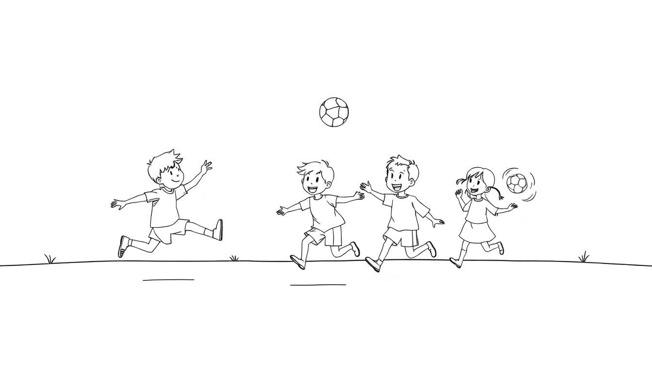 A black and white color panel showing happy children playing soccer.