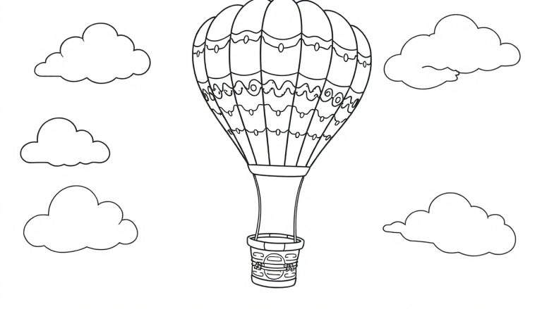 A black and white illustration of a hot air balloon with a decorative pattern on top, floating amongst clouds. This is a simple outline, perfect for a color panel.