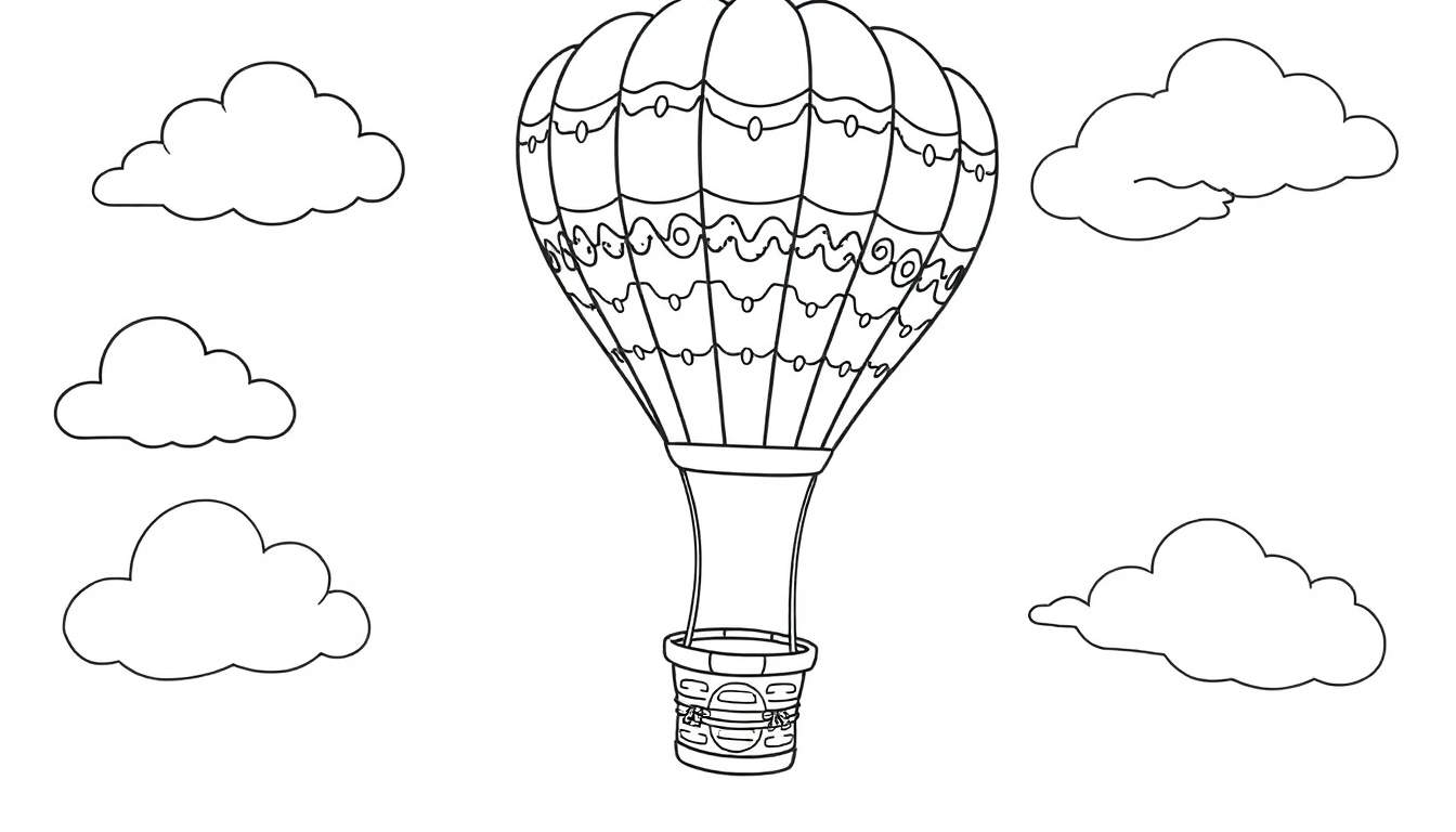 A black and white illustration of a hot air balloon with a decorative pattern on top, floating amongst clouds. This is a simple outline, perfect for a color panel.