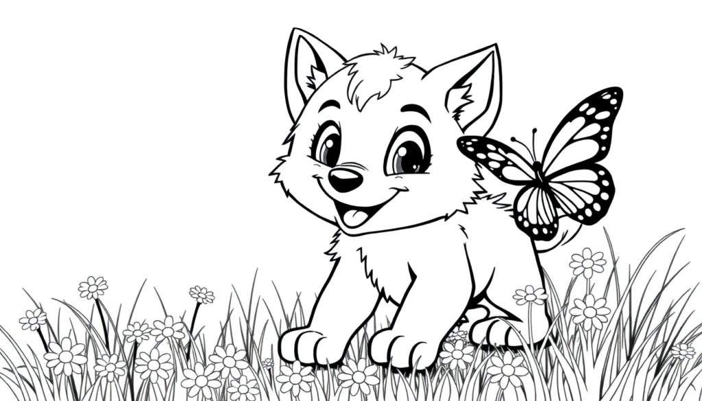 A cute black and white cartoon puppy with a butterfly on its back, sitting in a grassy field with flowers, ready for a color panel activity.