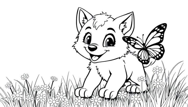 A cute black and white cartoon puppy with a butterfly on its back, sitting in a grassy field with flowers, ready for a color panel activity.