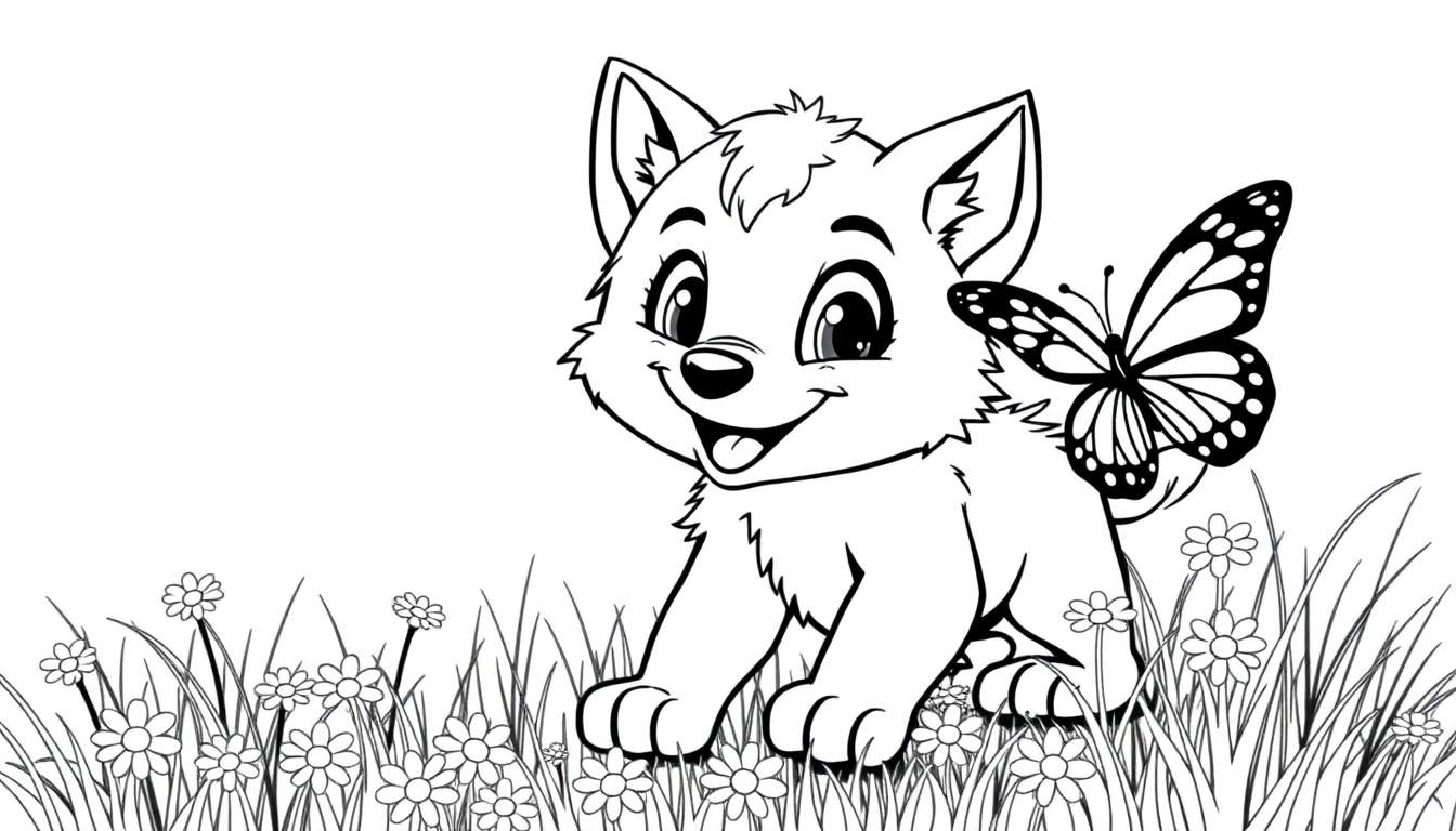 A cute black and white cartoon puppy with a butterfly on its back, sitting in a grassy field with flowers, ready for a color panel activity.