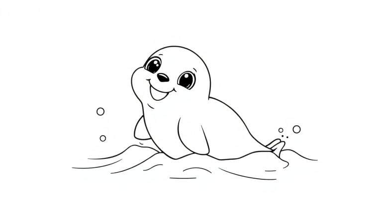 A cute baby seal, ready for coloring in a color panel.