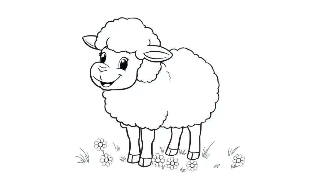 A black and white cartoon drawing of a happy sheep in a flower field, ready for coloring. This is a fun color panel for kids.
