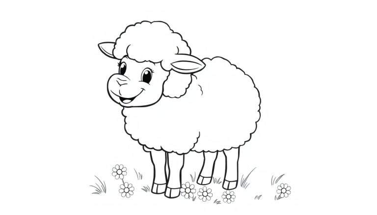 A black and white cartoon drawing of a happy sheep in a flower field, ready for coloring. This is a fun color panel for kids.