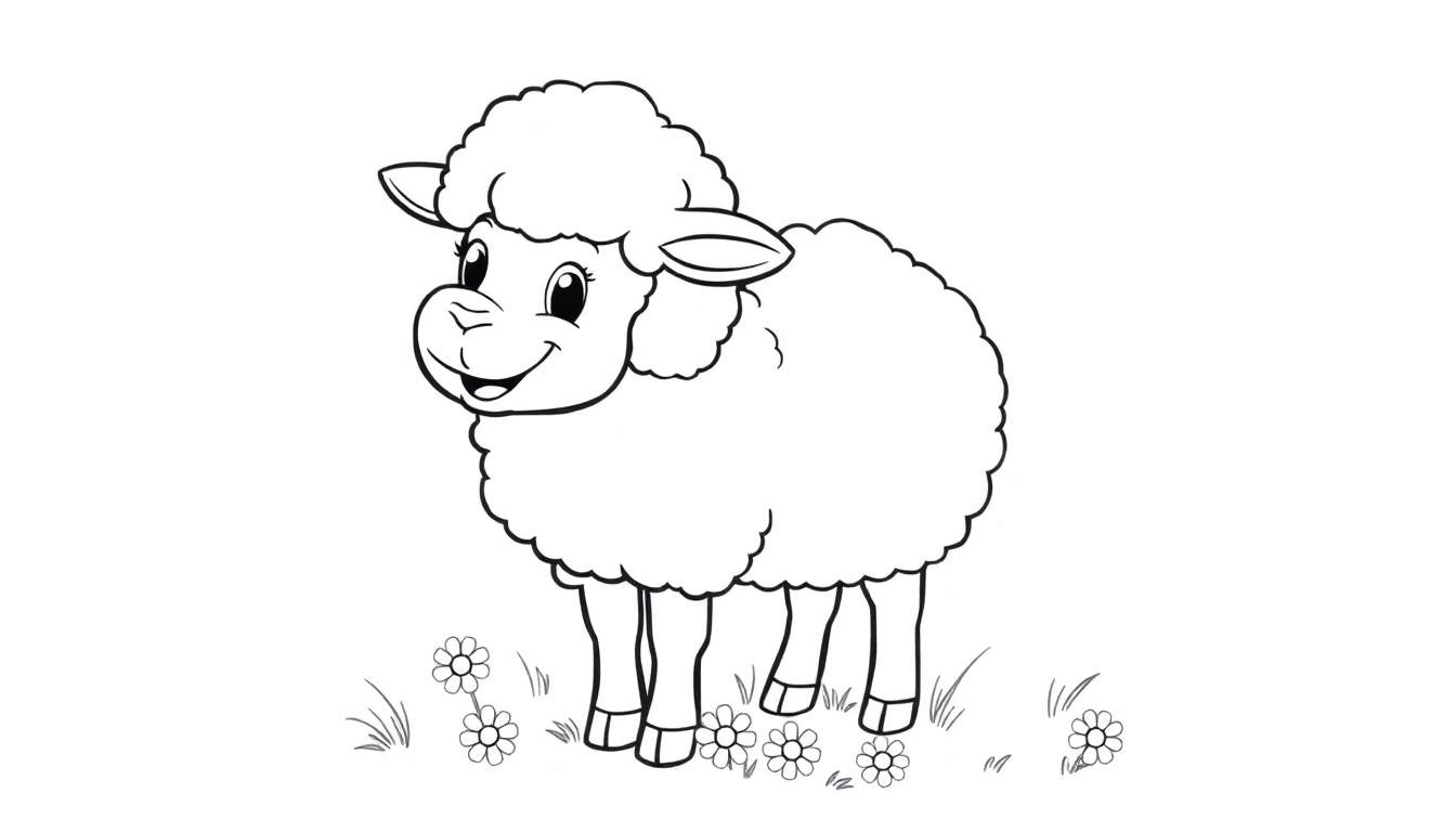 A black and white cartoon drawing of a happy sheep in a flower field, ready for coloring. This is a fun color panel for kids.