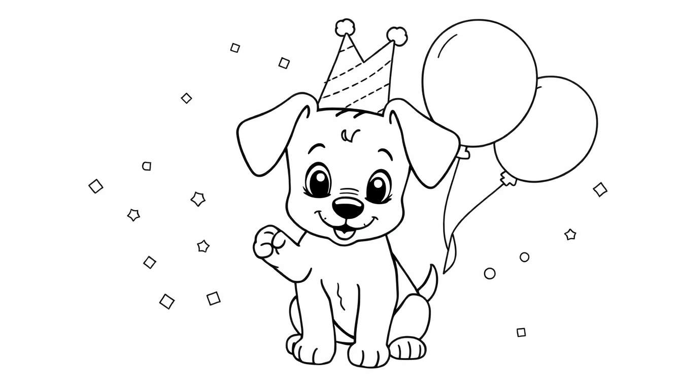 A cute black and white line drawing of a puppy wearing a party hat and holding balloons, with confetti. This color panel depicts a joyful pup ready to celebrate!