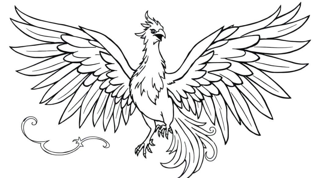A black and white line drawing of a majestic phoenix, ready for coloring. This color panel shows a magnificent bird with spread wings, intricate feather details, and outstretched talons, perfect for a creative coloring session.