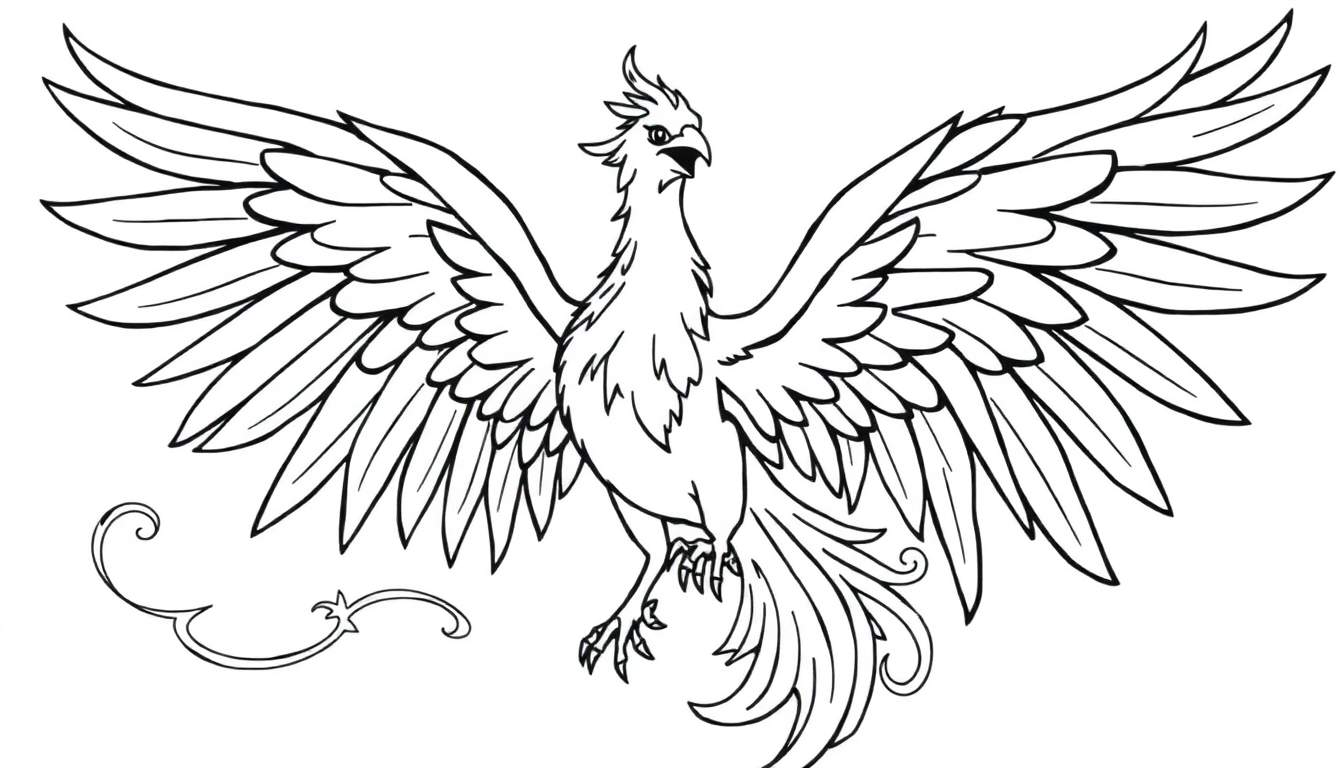 A black and white line drawing of a majestic phoenix, ready for coloring. This color panel shows a magnificent bird with spread wings, intricate feather details, and outstretched talons, perfect for a creative coloring session.