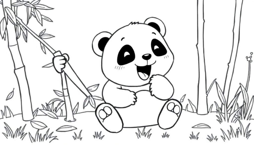 A cute baby panda coloring panel happily eating bamboo.